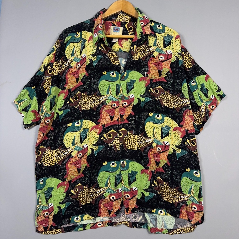 Kahalaw Hawaiian Vintage Rayon Shirt‎ Mens XL Atomic Fish AOP Black Tropical